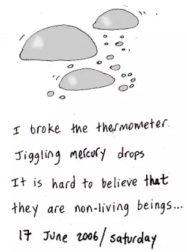 I broke the thermometer. Jiggling mercury drops It is hard to believe that they are non-living beings...
