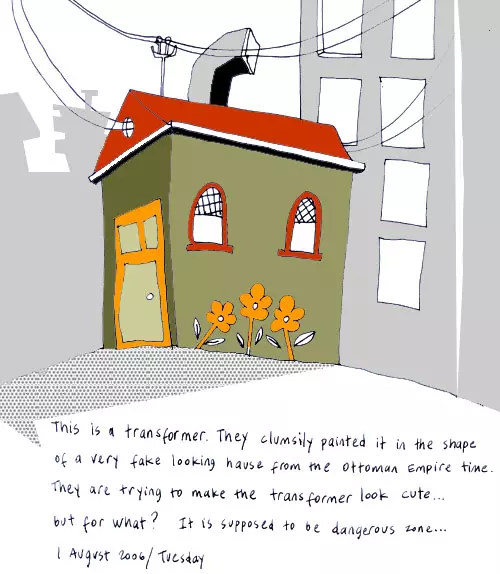 This is a transformer. They clumsily painted it in the shape of a fake looking house from the Ottoman Empire time. They are trying to make the transformer look cute... but for what? It is supposed to be a dangerous zone...
