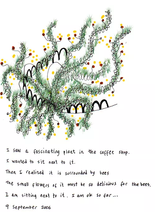 I saw a fascinating plant in the coffee shop. I wanted to sit next to it. Then I realized it is surrounded by bees The small flowers of it must be so delicious for the bees. I am sitting next to it. I am ok so far...
