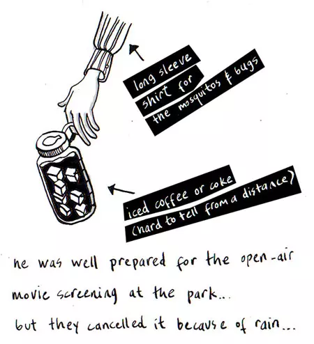 he was well prepared for the open-air movie screening at the park... but they cancelled it because of rain...