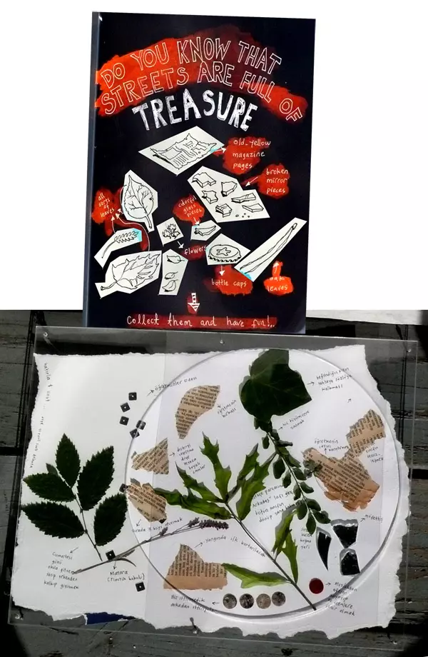 Do you know that streets are full of treasure (collect them and have fun!..) oak leave, bottle caps, flowers, all sorts of leaves, colorful glass pieces, old yellow magazine pages, broken mirror pieces