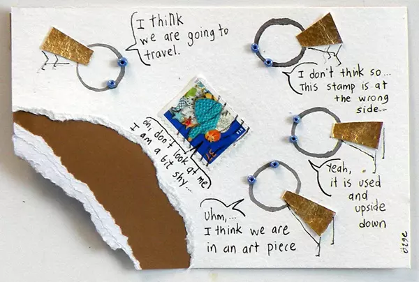 "I think we are going to travel." "I don't think so... This stamp is at the wrong side..." "Yeah, it is used and upside down" "uhm, ... I think we are in an art piece" "oh, don't look at me I am a bit shy..."