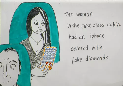 The woman in the first class cabin had an iPhone covered with fake diamonds.
