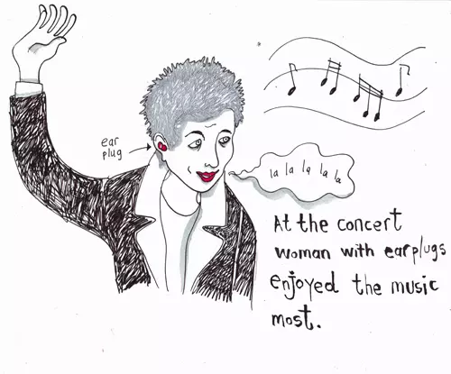 At the concert woman with earplugs enjoyed the music most.
