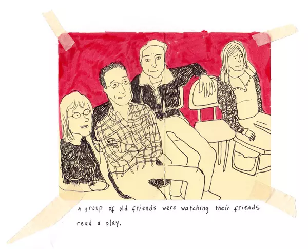 A group of old friends were watching their friends read a play. 