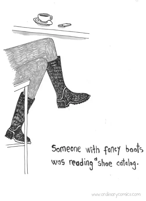 Someone with fancy boots was reading a shoe catalog.