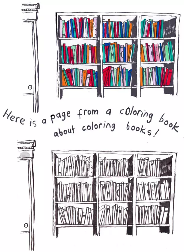 Here is a page from a coloring book about coloring books!